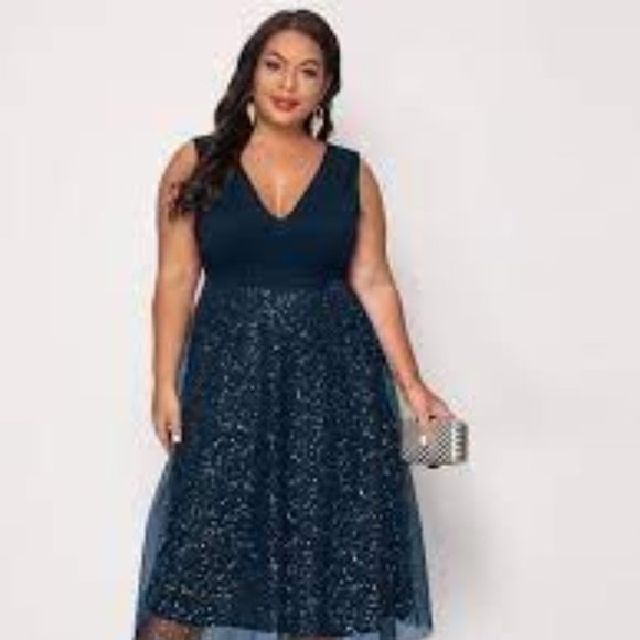 Shein Double V Neck Navy Blue Sparkling Dress 2XL - Picture 2 of 6
